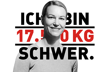 Porträt einer Dame in schwarz-weiß, Text im Hintergrund: Ich bin 17.500 Kilogramm schwer