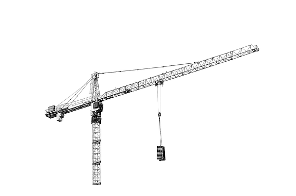 Macara de construcții pe fundal alb, cu braț orizontal și cârlig de ridicare.