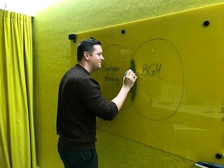 Employee draws on a blackboard